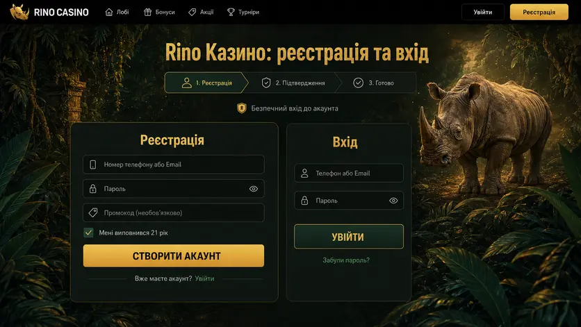 Форма реєстрації Rino Casino поруч із формою входу до акаунта