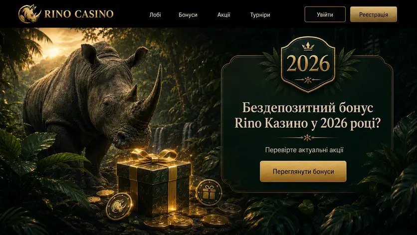 Банер Rino Casino із питанням про бездепозитний бонус у 2026 році та кнопкою переходу до акцій
