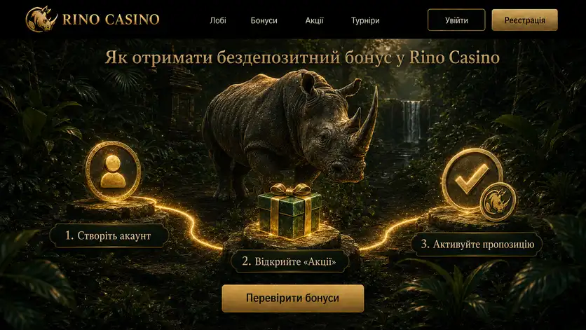 Три кроки до бездепозитного бонусу Rino Casino: акаунт, розділ «Акції», активація пропозиції