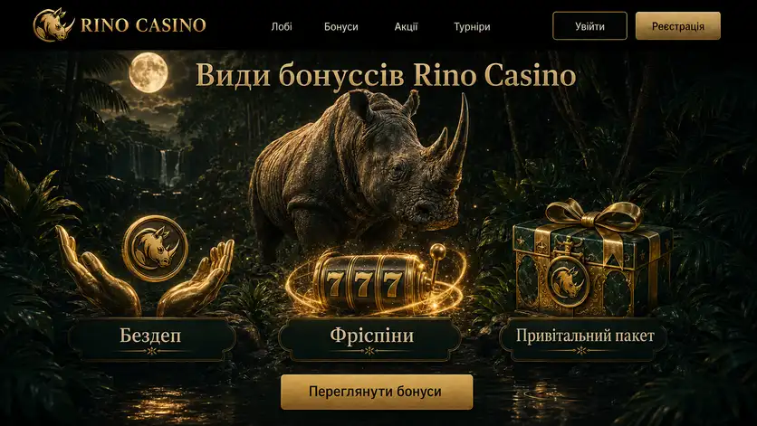 Три типи заохочень Rino Casino: бездеп, фріспіни та привітальний пакет
