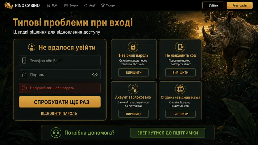 Типові помилки входу в Rino Casino: невірний пароль, немає коду, заблокований акаунт