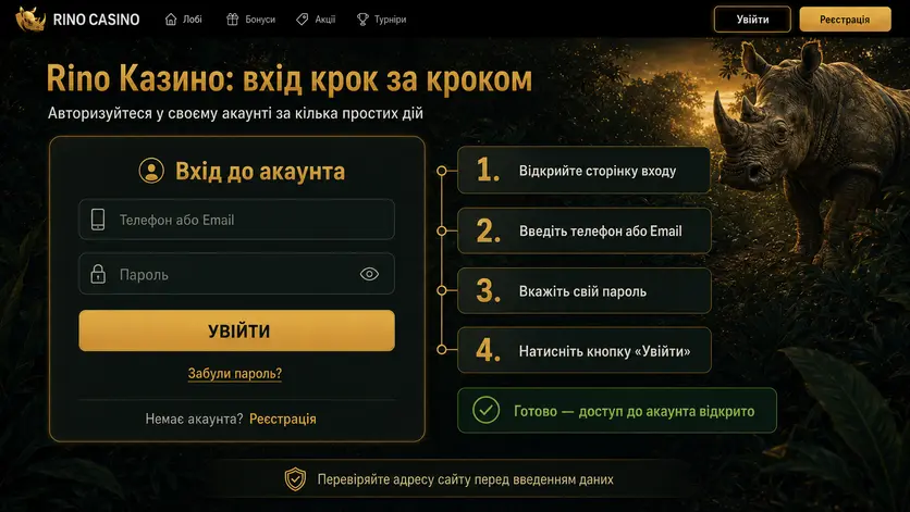 Форма входу до акаунта Rino Casino та чотири кроки авторизації